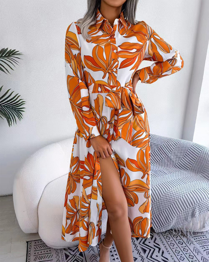 Floral Print Lapel Shirt Dress with Contrast