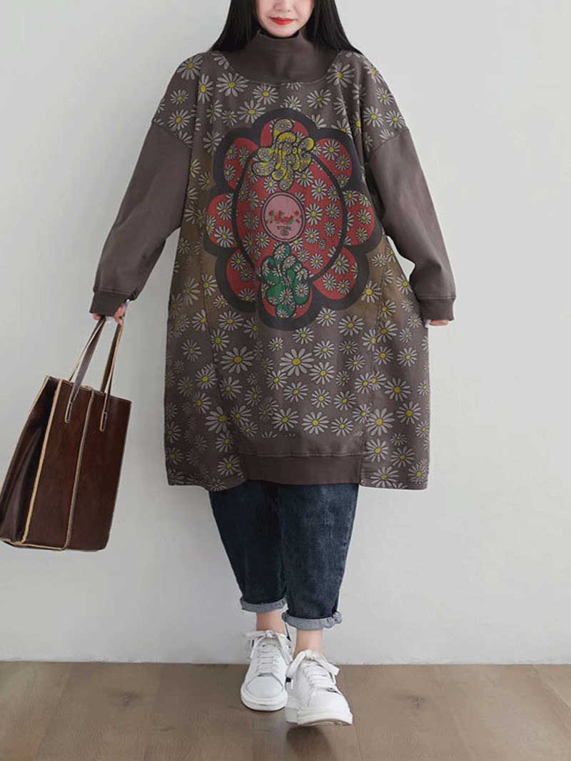 Turtleneck Floral Daisy Print Medallion Oversized Sweatshirt Midi Dress