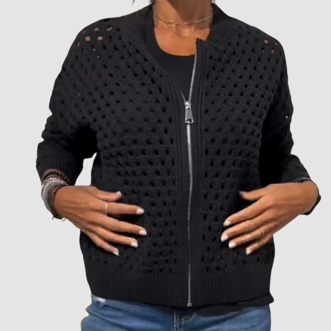 Crochet Hollow Out Zip Front Long Sleeve Cardigan 2