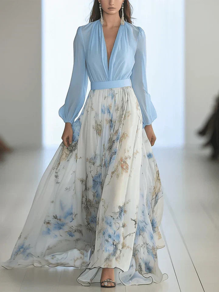 Deep V-Neck Bishop Sleeve Floral Chiffon Flowy A-Line Maxi Dress 3