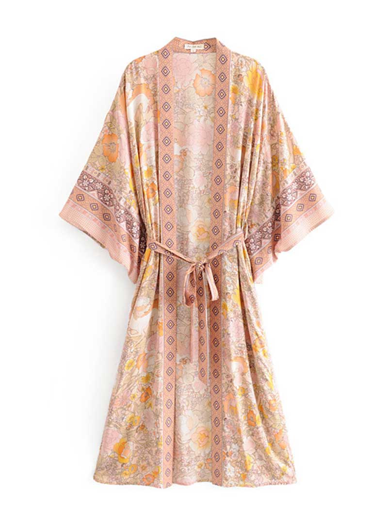 Multicolor Bohemian Floral Print Wide Sleeve Belted Long Kimono Robe