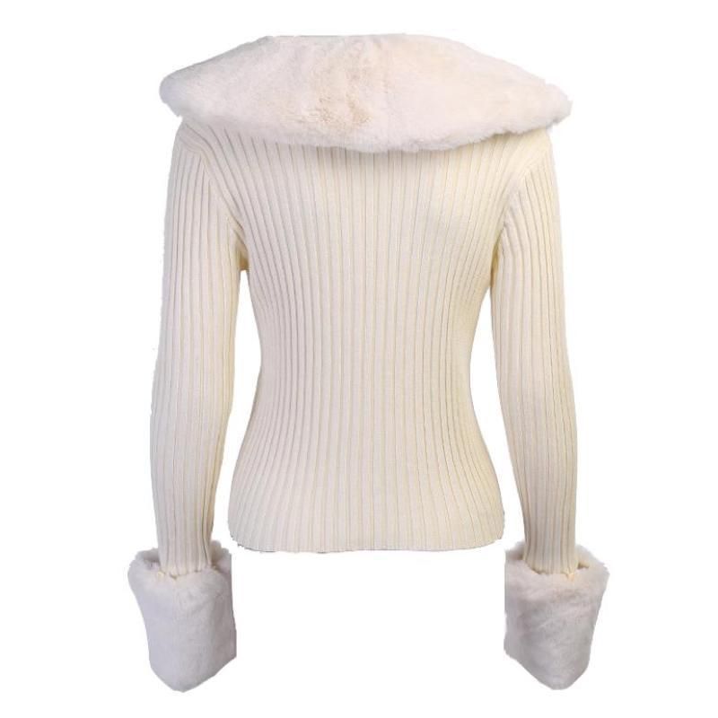 Faux Fur Collar Ribbed Knit Button Front Cardigan