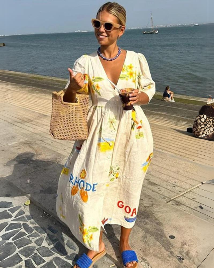 Addison Aesthetic Oversized V Neck Dress for Women in Beige Designer Edit