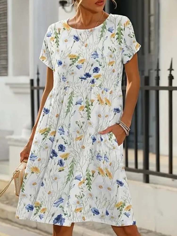 Round Neck Short Sleeves Floral Printed Casual Midi Dress