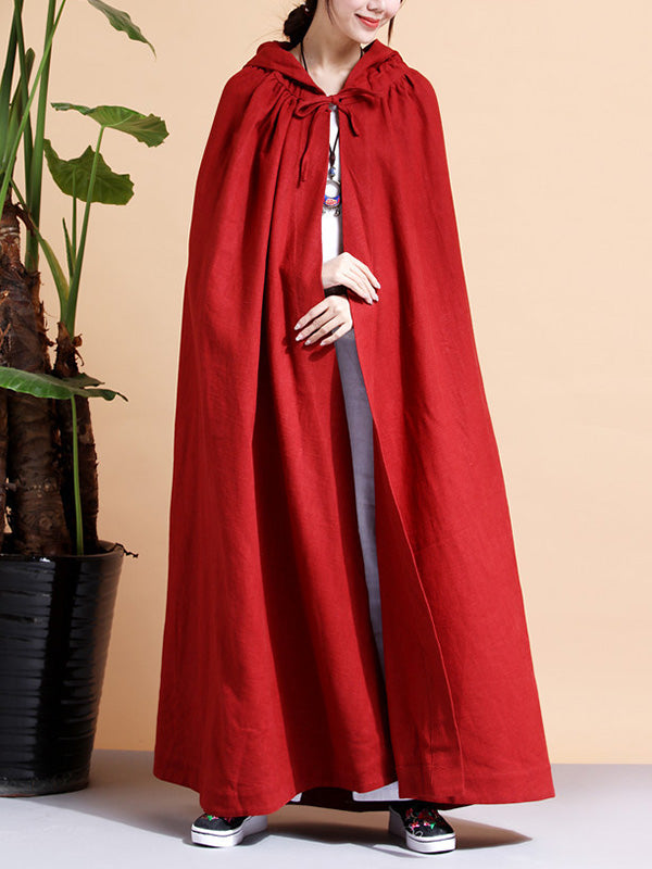 Hooded Open Front Linen Long Cape Coat