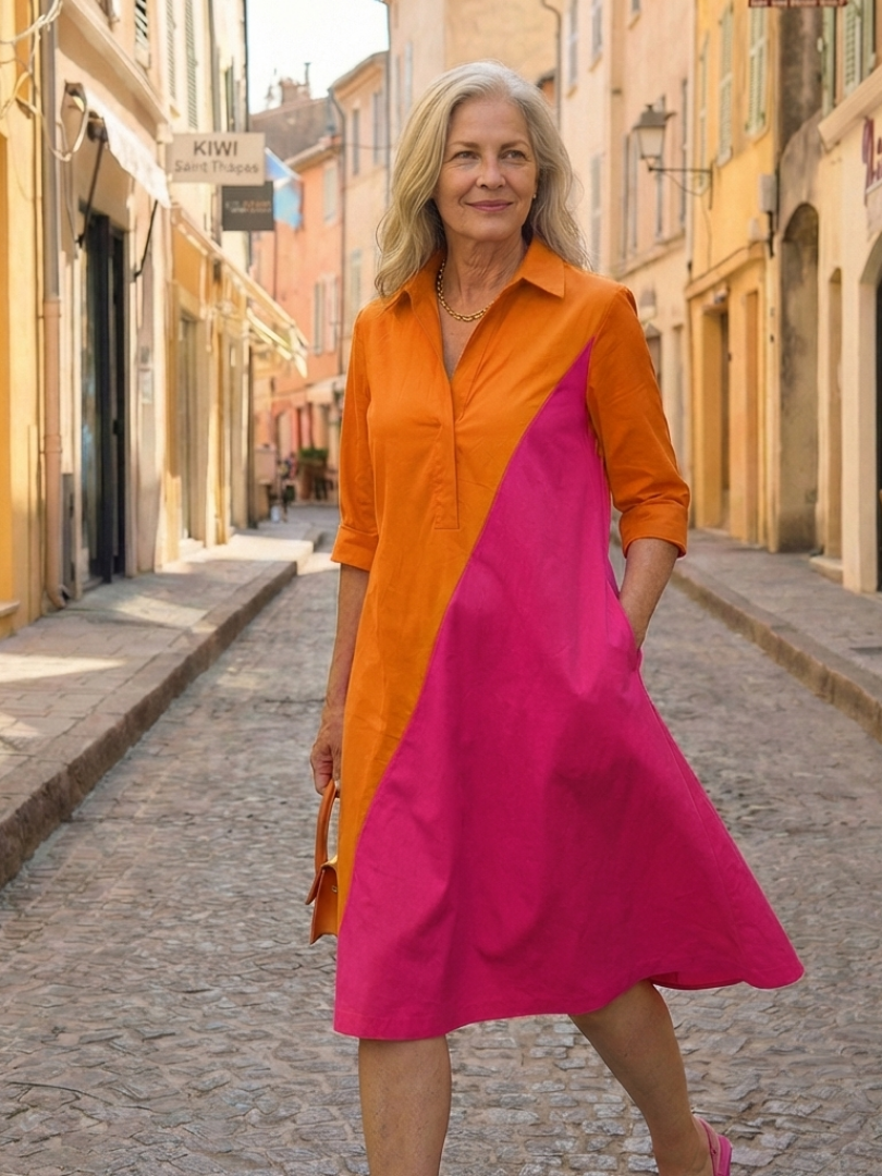 Orange Collar Color Block Three-Quarter Sleeve A-Line Midi Dress