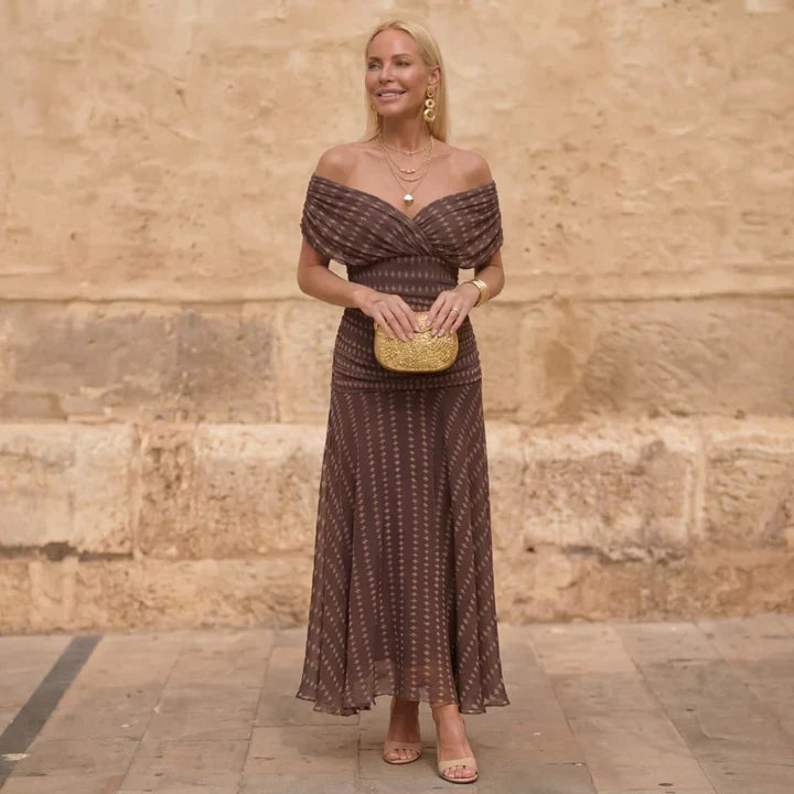 Brown Off-Shoulder Twist Front Geometric Print Ruched A-Line Maxi Dress