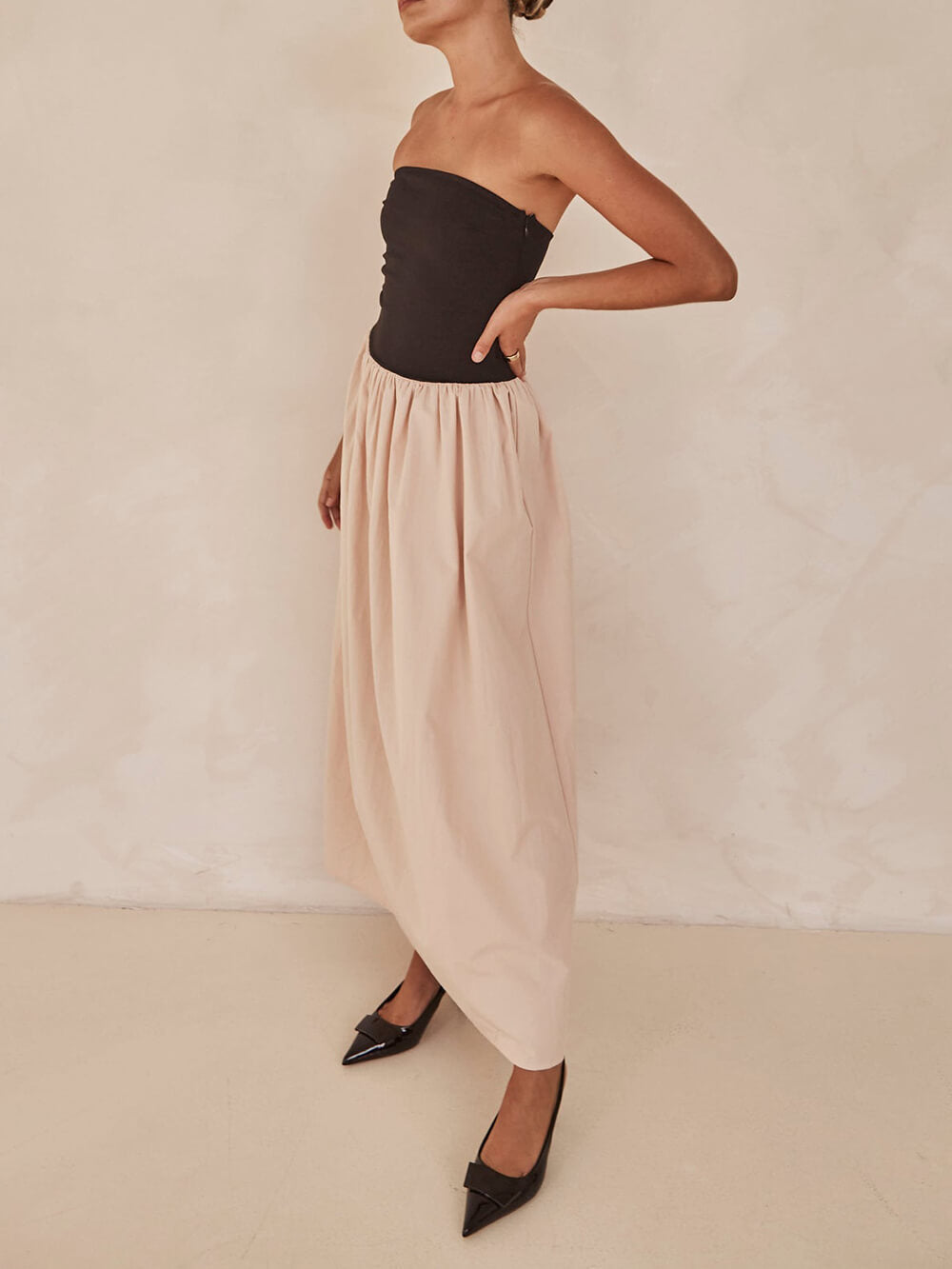 Strapless Black And Charming Sand Paneled Maxi Dress