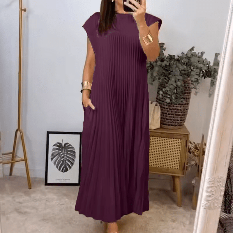 Round Neck Cap Sleeve Side Pleated Flowy Maxi Dress