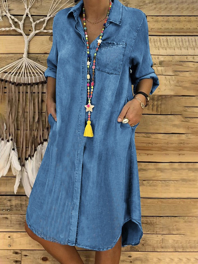 Oversized Chambray Denim Button Front Blouse Midi Dress