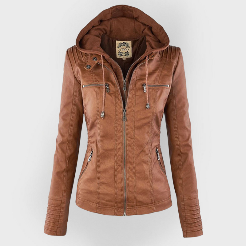 Hooded Zip Front Faux Leather Moto Biker Jacket