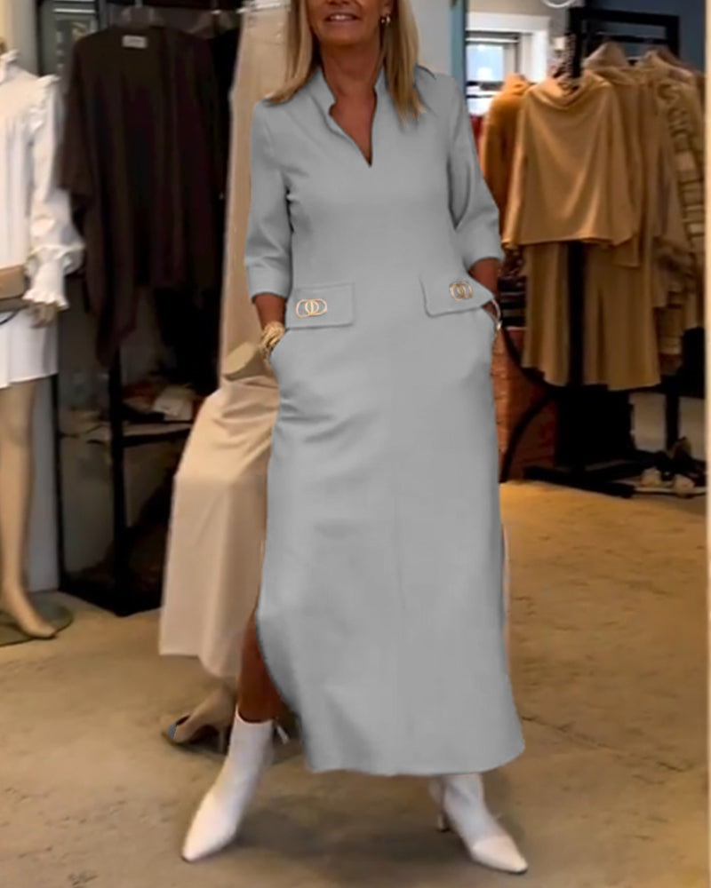 Magaly Timeless Solid Color Slit Dress with 3/4 Sleeves Premium Wardrobe Essential