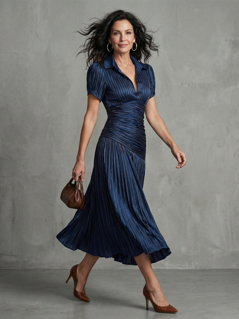 Collared Pinstripe Short Sleeve Ruched Waist Pleated Midi Dress