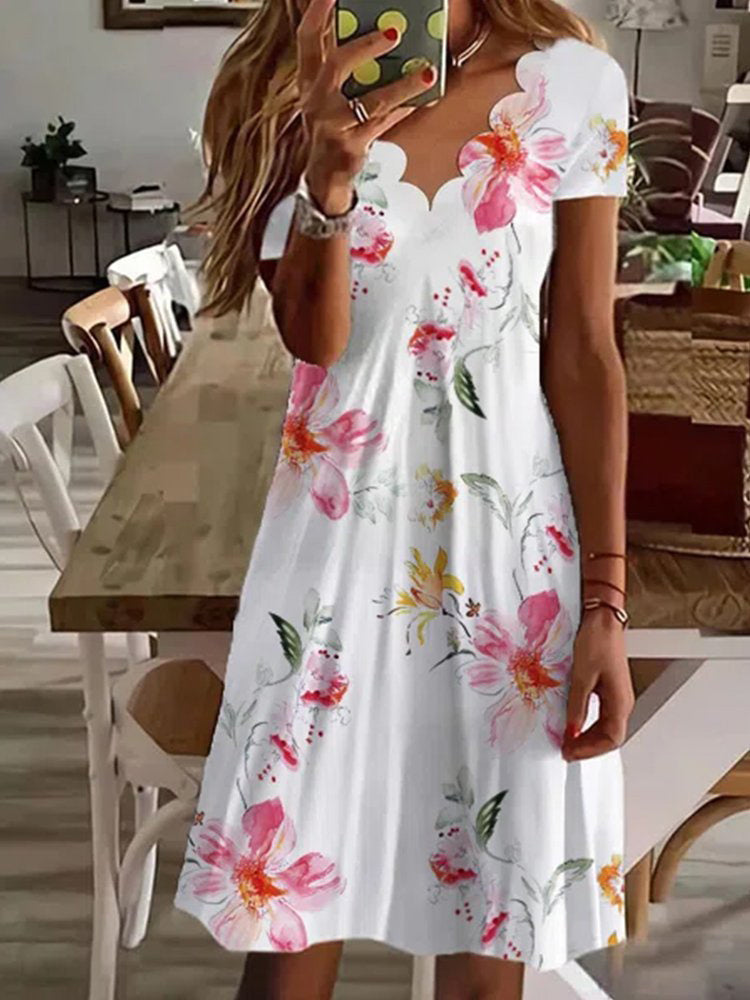 Floral Print Scallop Trim V-Neck Casual Dress