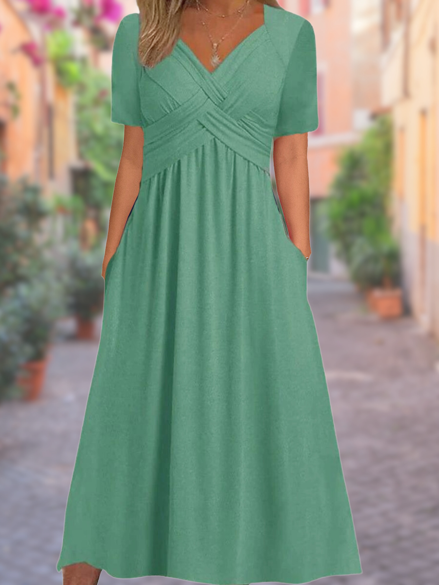 V-Neck Cross Front Ruched Short Sleeve Pocket A-Line Midi Dress