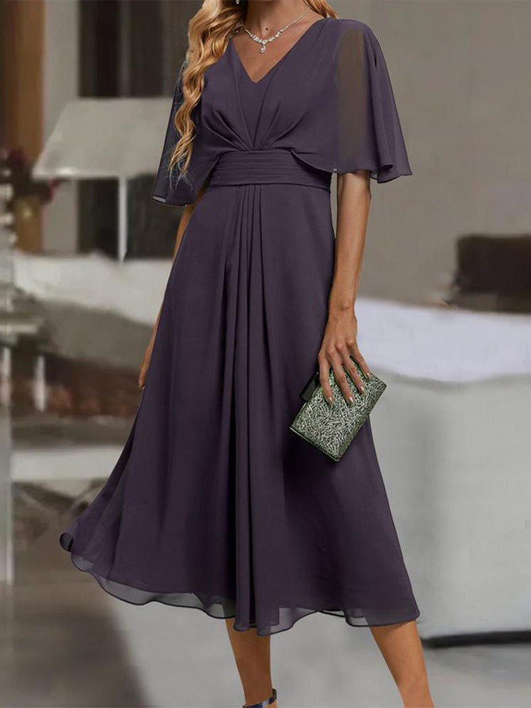 Purple Plain V-Neck Midi Dress