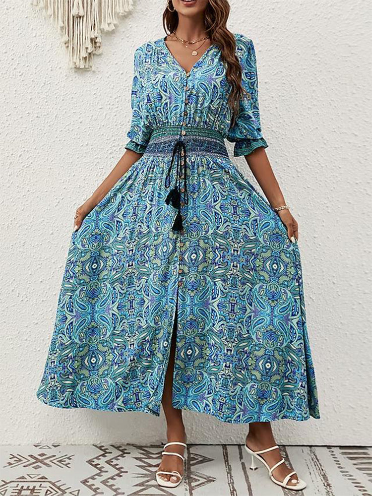 Fresh Print Maxi Dress-Blue