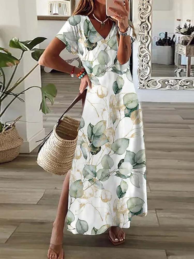 Trendy Print Short Sleeve Maxi Dress