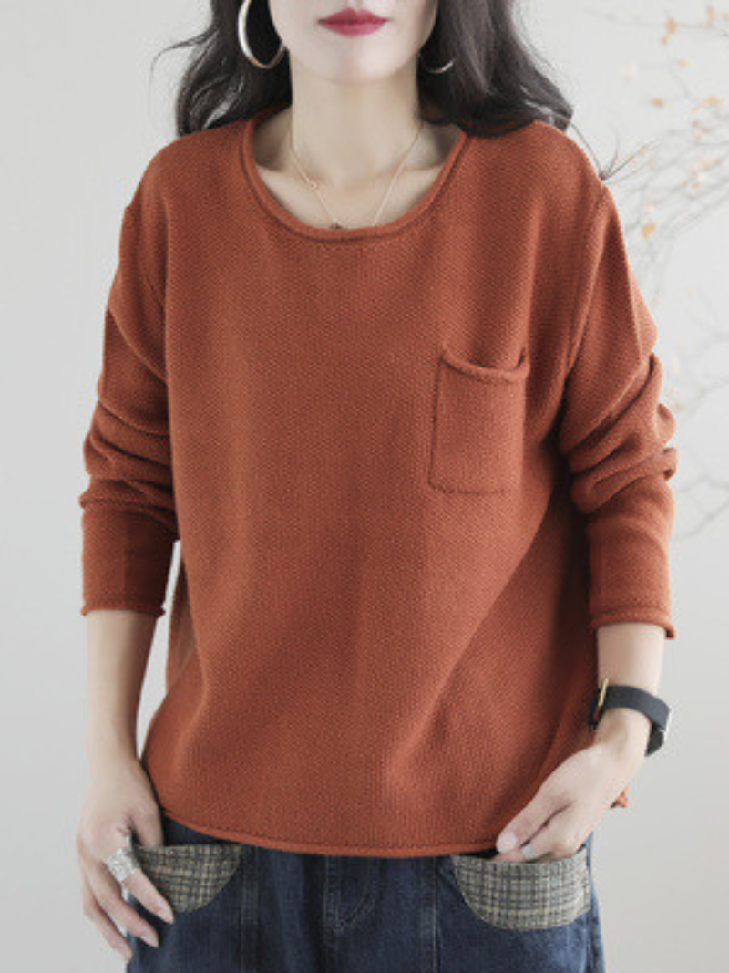 Round Neck Patch Pocket Long Sleeve Loose Knit Sweater