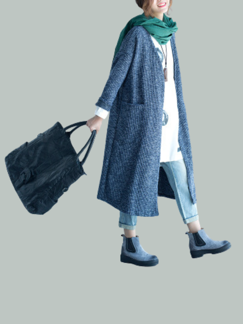 Open Front Long Sleeve Patch Pocket Knit Longline Cardigan