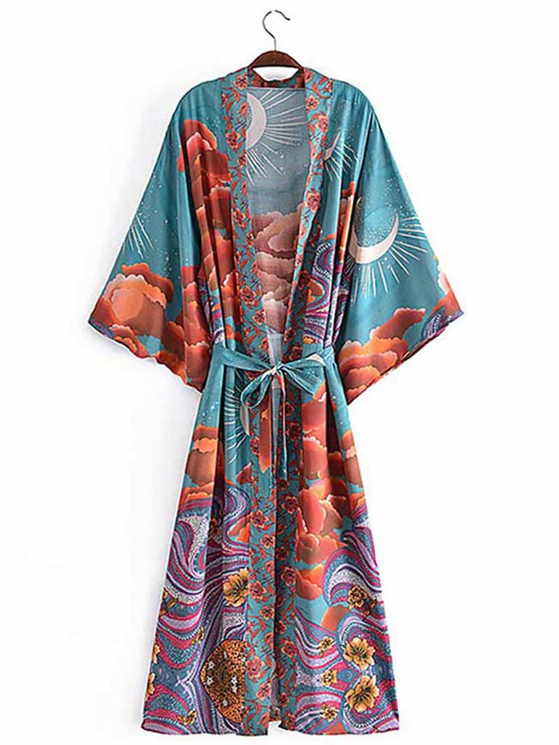 Green Celestial Moon Print Belted Long Length Kimono Robe