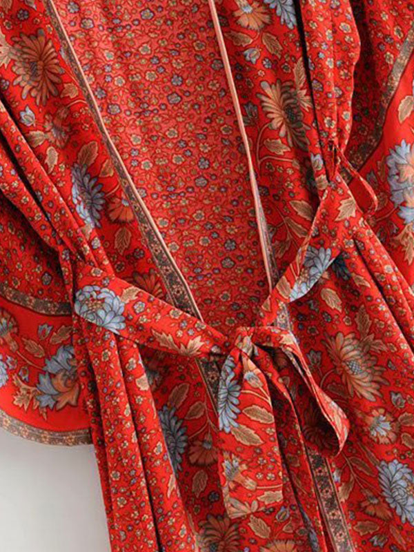 Red Bohemian Floral Border Print Belted Flared Sleeve Long Kimono Robe