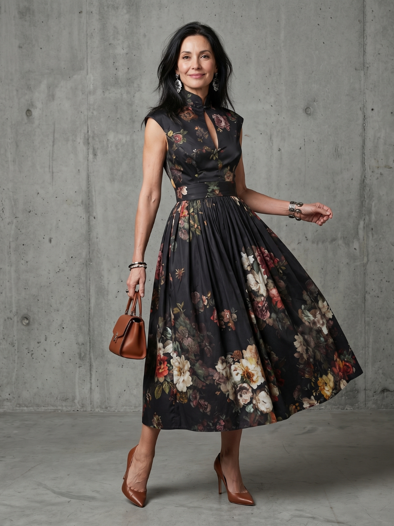 Black High Neck Keyhole Floral Pleated A-Line Midi Dress