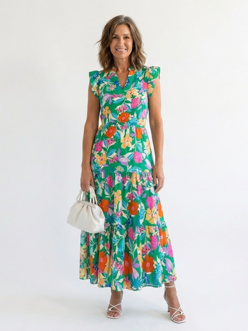 Split Neck Floral Print Ruffle Sleeve Tiered A-Line Maxi Dress