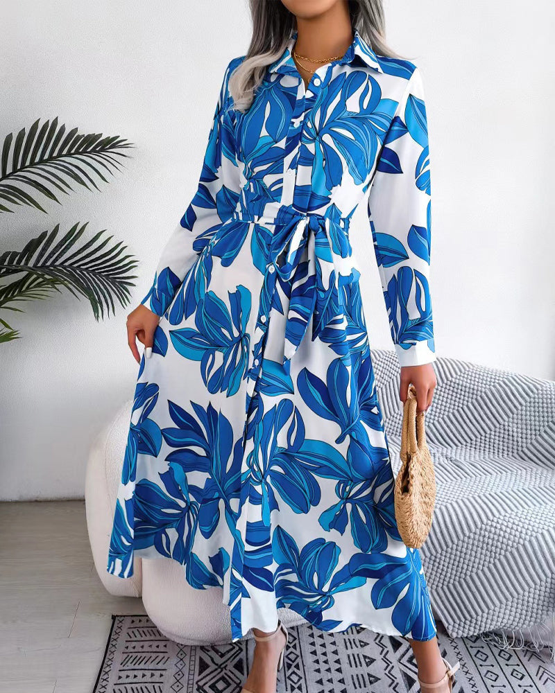 Floral Print Lapel Shirt Dress with Contrast