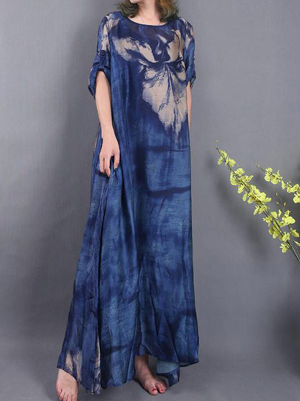 Round Neck Abstract Print Half Sleeve Loose Maxi Dress