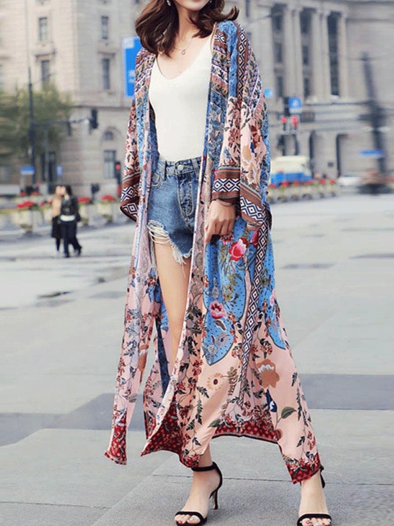 Blue Bohemian Floral Print Open Front Long Kimono