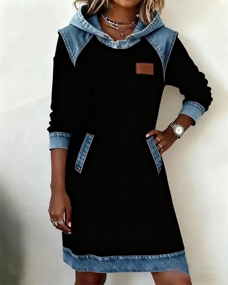Hooded Long Sleeve Denim Contrast Panel Pocket Sweatshirt Mini Dress