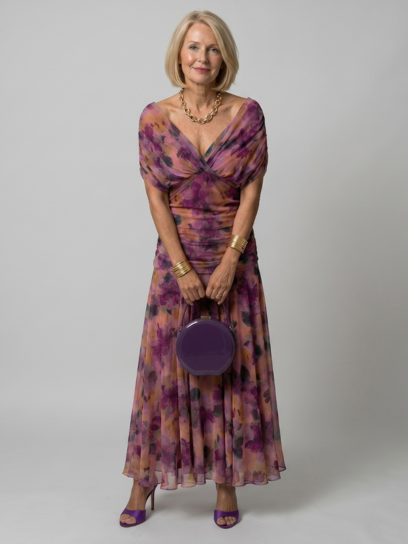 Off-Shoulder Floral Chiffon Ruched Draped A-Line Maxi Dress