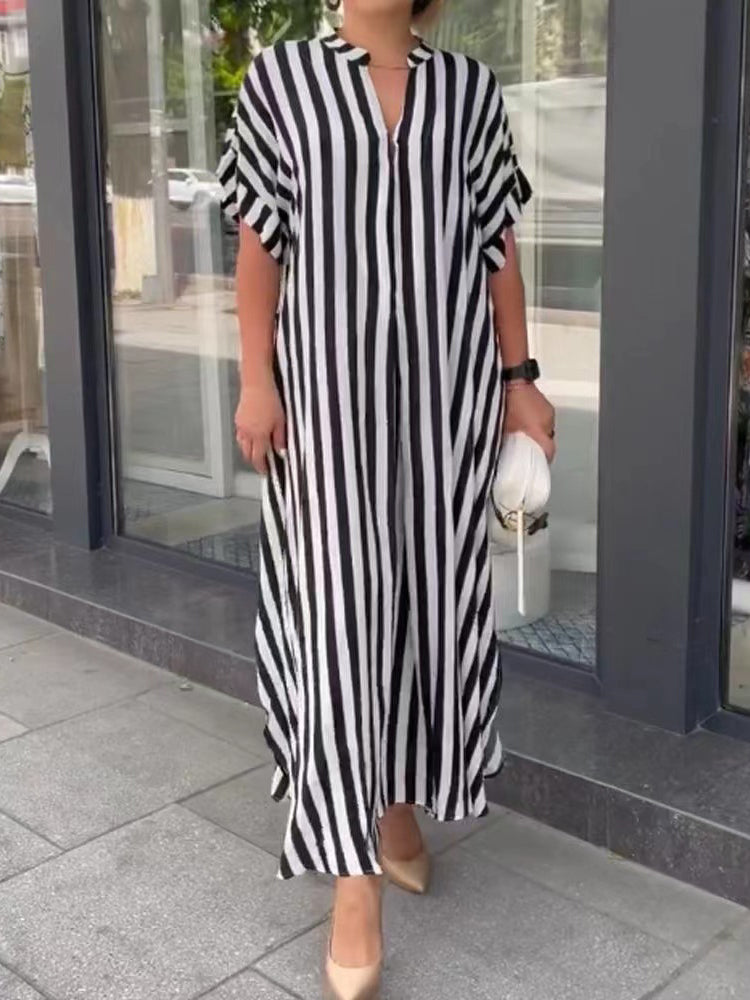 WOMEN'S V-NECK STRIPED PRINT DRESS