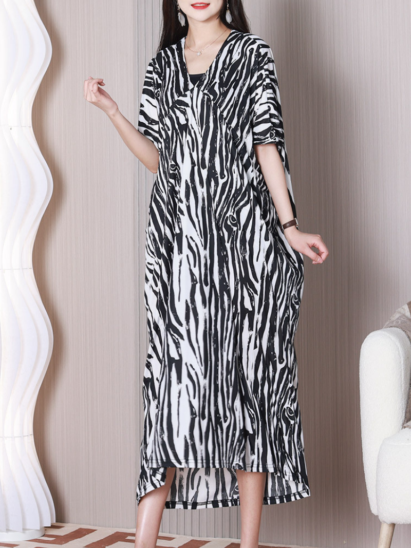 Round Neck Batwing Sleeve Zebra Print Loose High-Low Midi Dress