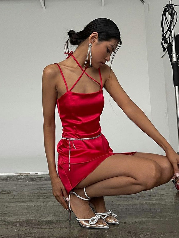 Cross Halter Mini Slip Dress