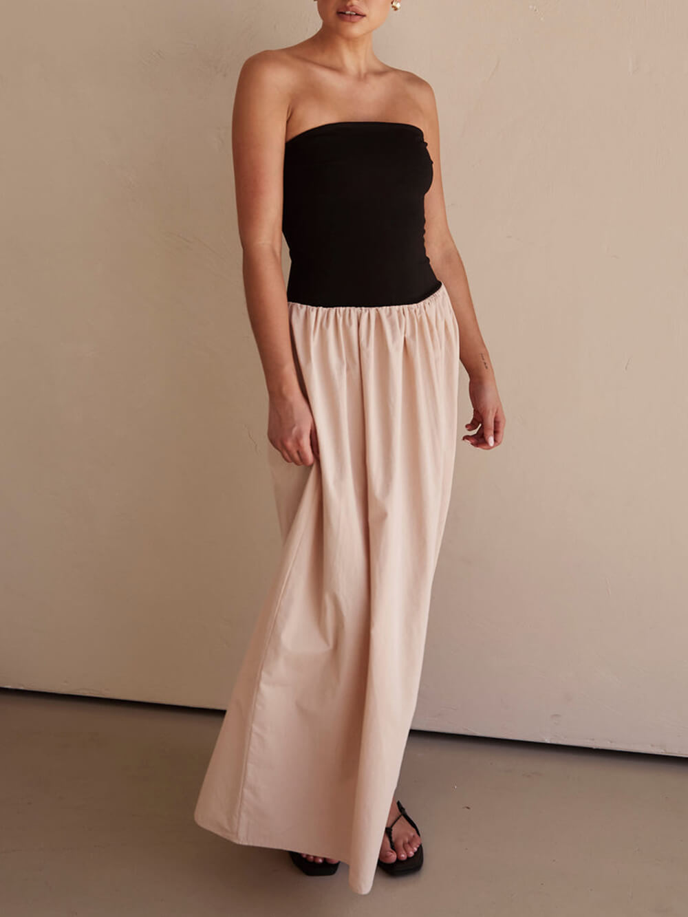 Strapless Black And Charming Sand Paneled Maxi Dress