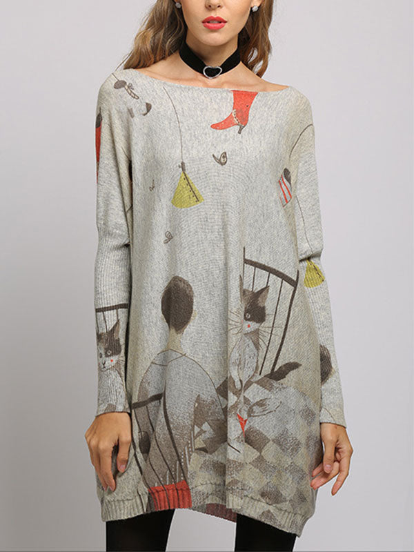 Boat Neck Cat Print Long Sleeve Knit Sweater Tunic