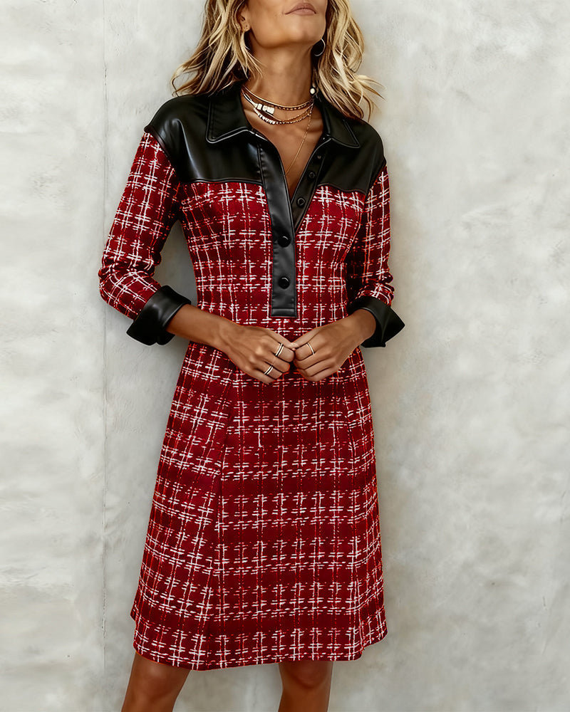Collared Faux Leather Trim Tweed Plaid Long Sleeve Sheath Midi Dress 5