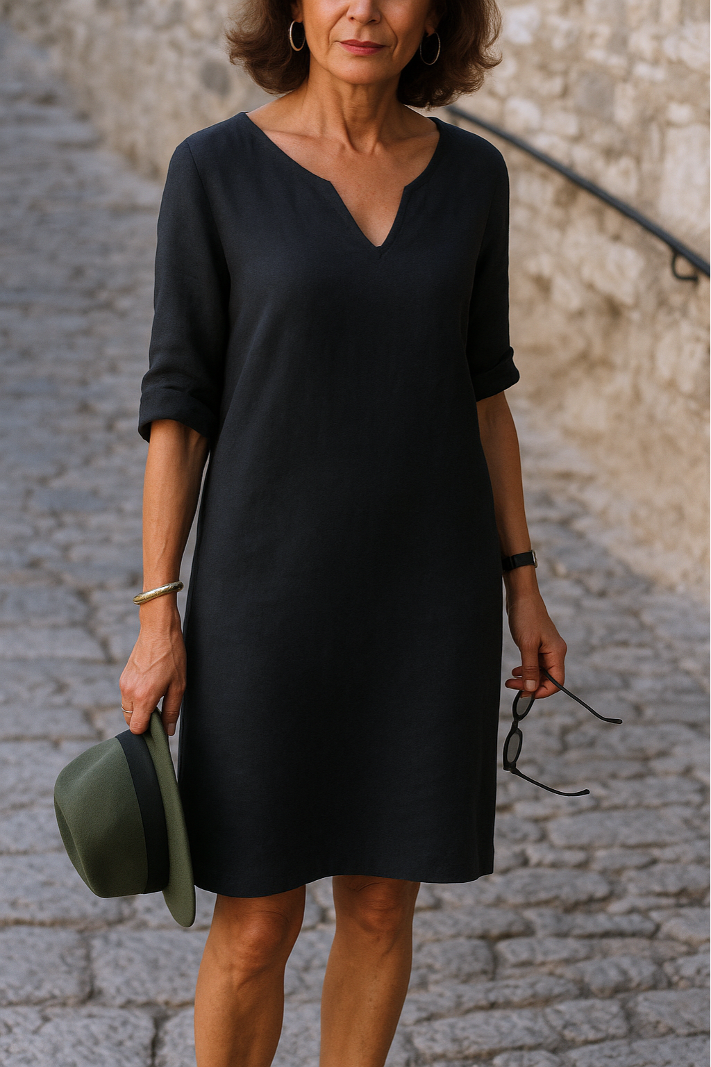 Notch Neck Half Sleeve Linen Shift Midi Dress