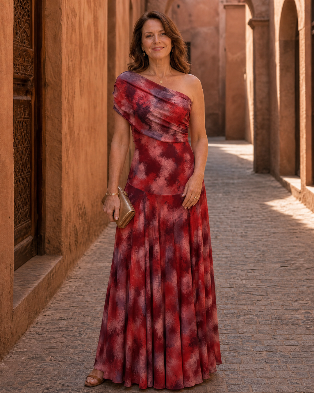 Red One Shoulder Draped Watercolor Print Ruched Flowy Maxi Dress