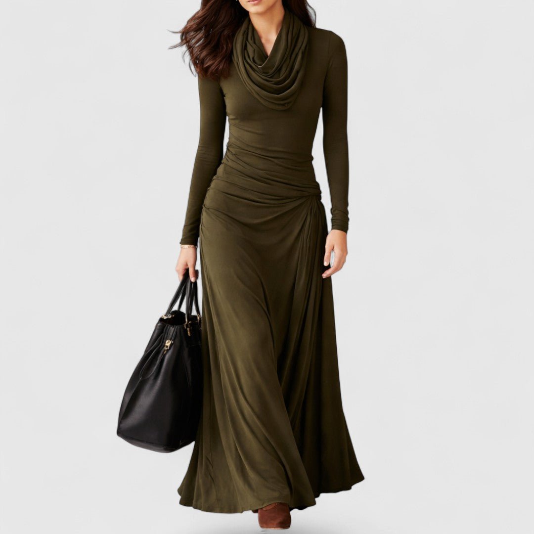 Olive Green Cowl Neck Long Sleeve Ruched Waist Flowy Maxi Dress