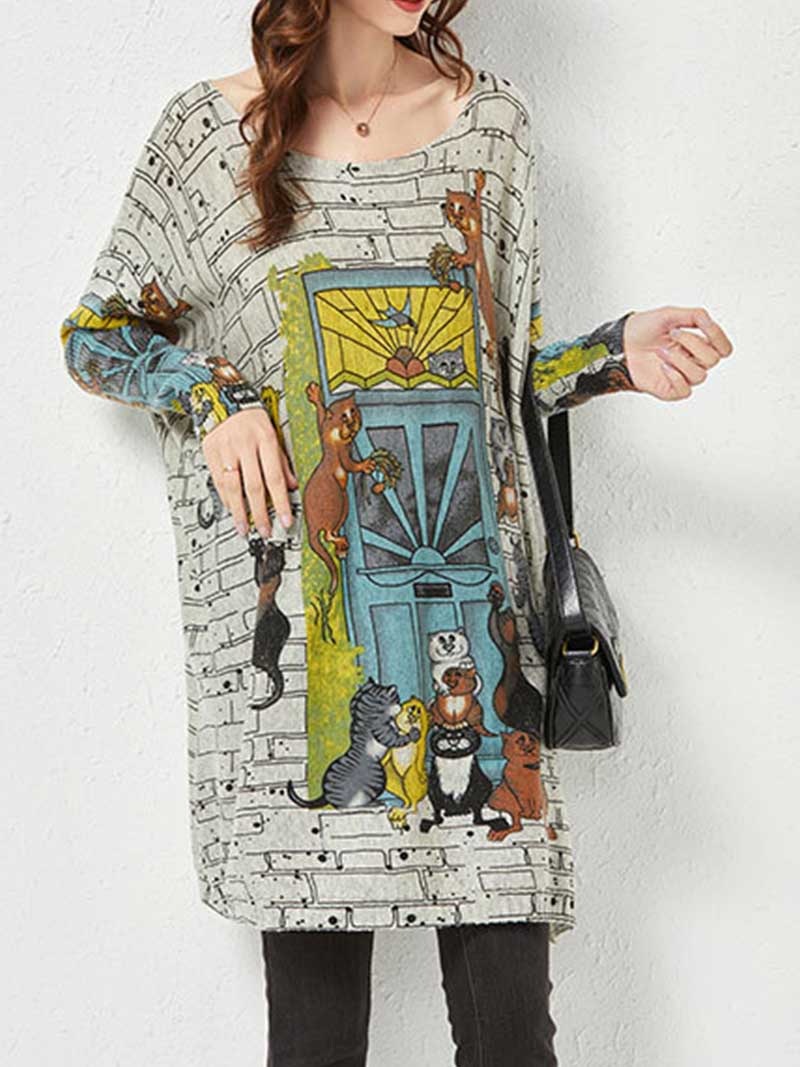 Grey Scoop Neck Novelty Graphic Print Long Sleeve Knit Tunic Top