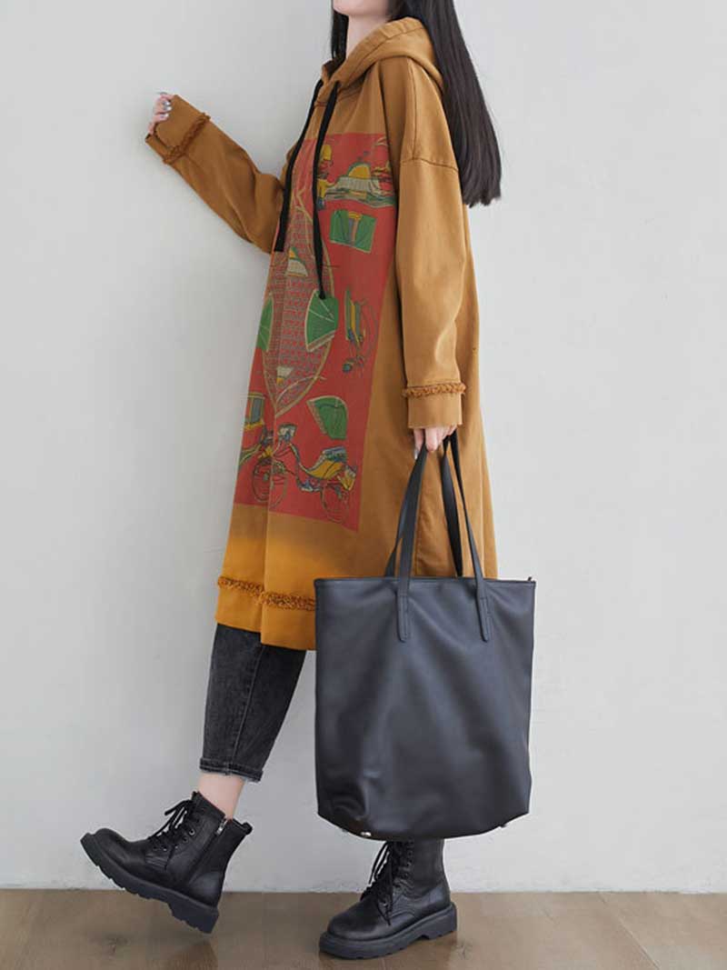 Hooded Graphic Print Frayed Hem Oversized Sweatshirt Midi Dress