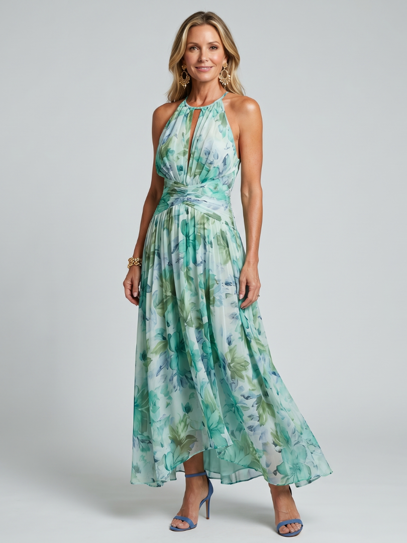 Green Halter Neck Keyhole Floral Print Chiffon Ruched Waist A-Line Maxi Dress
