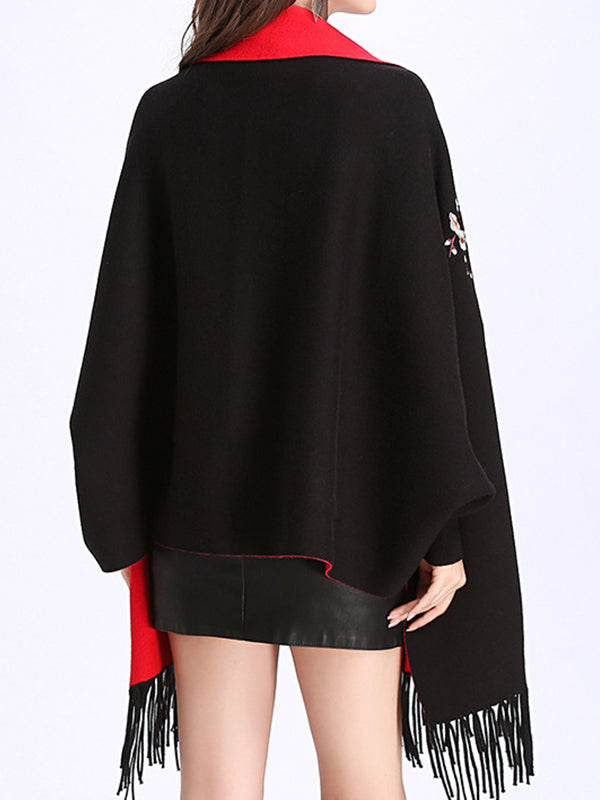 Floral Embroidered Contrast Border Fringe Shawl Cardigan