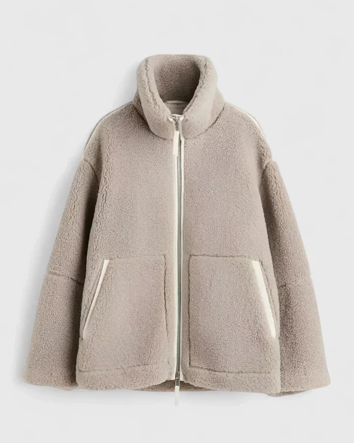 Stand Collar Zip-Front Patch Pocket Sherpa Teddy Jacket