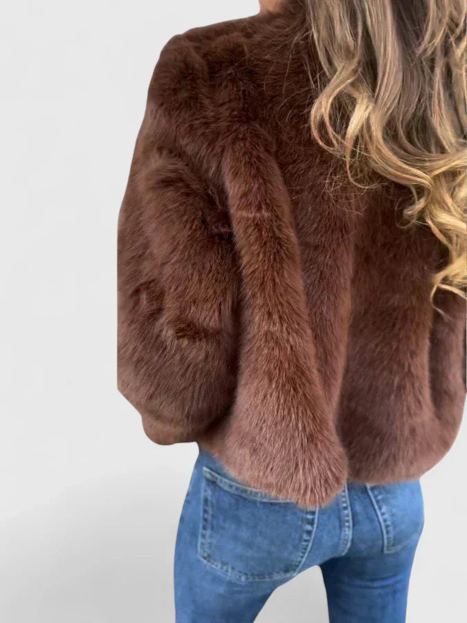 Stand Collar Faux Fur Zip Front Cropped Jacket