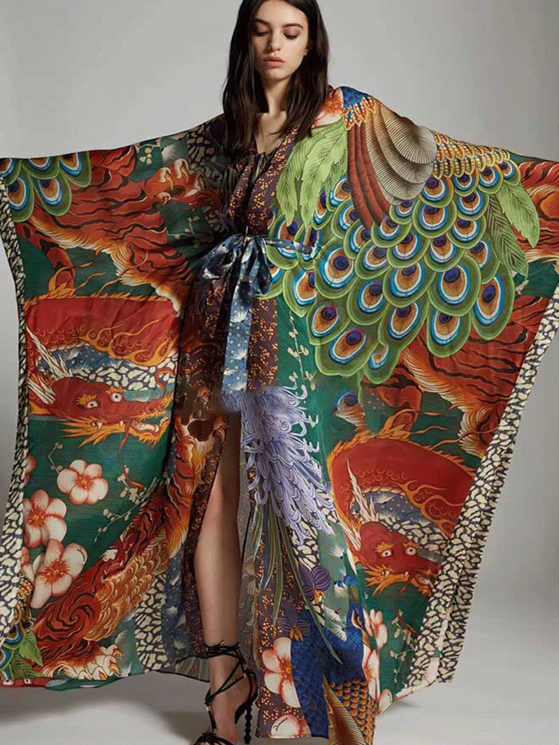 Multicolor Peacock Print Tie Waist Batwing Sleeve Long Kimono Duster