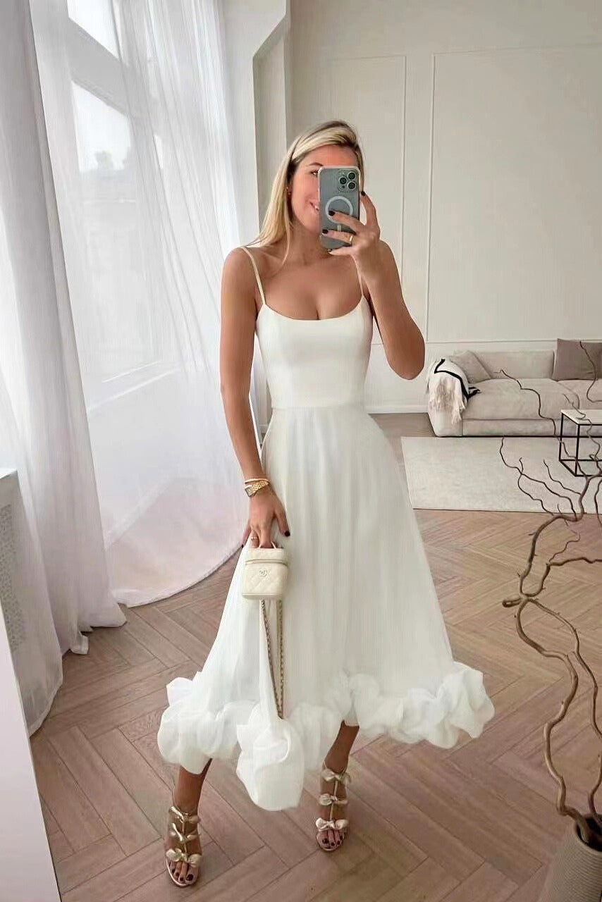Scoop Neck Spaghetti Strap Ruffle Hem A-Line Midi Dress